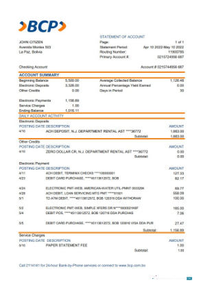 Download Bolivia banco de crédito de bolivia statement excel Photoshop template